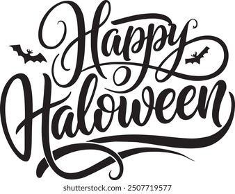 Happy Halloween, hand lettering. Vector illustration of witch on white background. Design concept for party invitation 