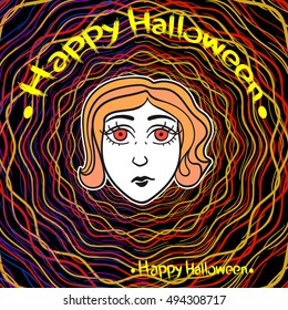 Happy Halloween hand paint texture brush. Design element greeting rave card. Bright trance element on a black background. Hand drawing of a girl's face. Vector lettering.
