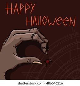 Happy Halloween. Hand and spider on a brown background