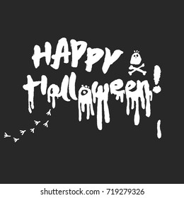 Happy Halloween hand written ink and brush calligraphy lettering. White on black background. Clipping paths included.