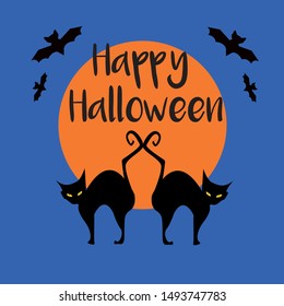 Happy Halloween hand written lettering. Holiday card with a big moon, two black cats and bats. Simple cartoon design. Concept art. Vecor Eps. 8