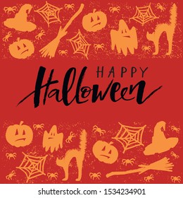 "Happy Halloween" hand written lettering on orange background with elements in cartoon style for party invitation, banner, sticker, greeting card. Vector Illustration for celebration with fun image