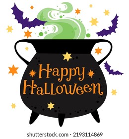Happy Halloween, hand written  lettering, witches pot, Halloween vector illustration, card, poster.