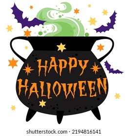 Happy Halloween, hand written  lettering, witches pot, Halloween vector illustration, card, poster.