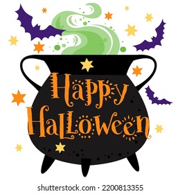 Happy Halloween, hand written  lettering, witches pot, Halloween vector illustration, card, poster.