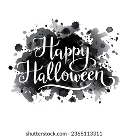 Happy Halloween hand written lettering watercolor spots vector illustration, template for poster, banner.