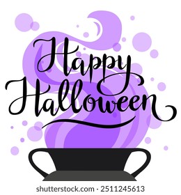 Happy Halloween, hand written  lettering, witches pot, Halloween vector illustration, card, poster.