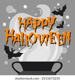 Happy Halloween, hand written  lettering, witches pot, Halloween vector illustration, card, poster.