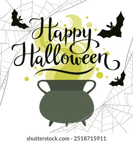 Happy Halloween, hand written  lettering, witches pot, flying  bats and spiderweb Halloween vector illustration, card, poster.