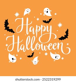 Happy Halloween hand written lettering, flying bats and ghosts vector illustration, template for poster, banner, card.