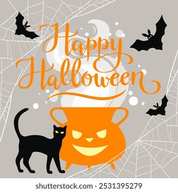 Happy Halloween, hand written  lettering, witches pot, flying bats, black cat and spiderweb Halloween vector illustration, card, poster.