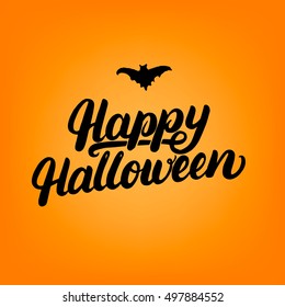 Happy Halloween hand written lettering and hand drawn bat. Modern brush calligraphy. Halloween background. Halloween card. Vector illustration.