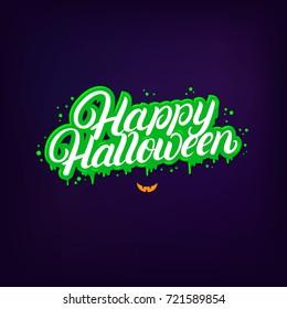 Happy Halloween hand written lettering quote. Modern brush calligraphy. Halloween inspirational phrase with green zombie background for card, poster. Isolated on background. Vector illustration.
