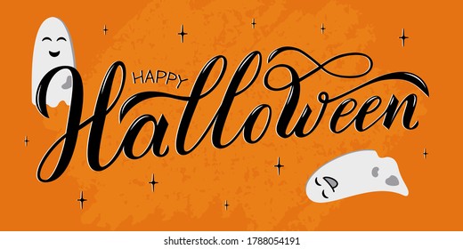 Happy Halloween hand written text. Vector illustration with funny ghosts on orange background. Script brushpen lettering with flourishes. Handwriting for banner, poster, greeting card or invitation