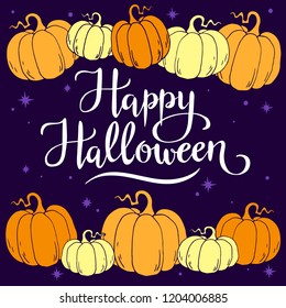 Happy Halloween, hand written vector lettering. Frame with hand drawn pumpkin, autumn background, halloween greeting card, invitation, banner.