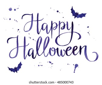 Happy Halloween, hand written vector lettering watercolor on white background.