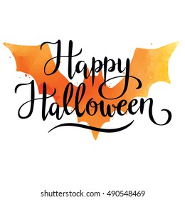 Happy Halloween, hand written vector lettering on watercolor bat spot background, halloween greeting card, invitation, banner.