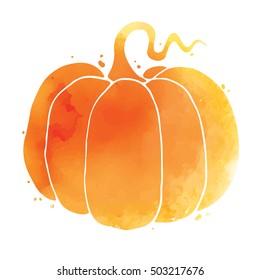 Happy Halloween, hand written vector lettering on watercolor pumpkin background, halloween greeting card, invitation, banner.