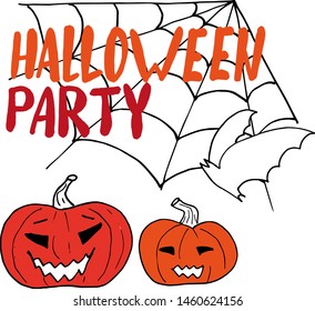 Happy Halloween hand-drawing lettring on a light background with cobwebs, pumpkins and a bat. vector illustration for posters, banners, cards
