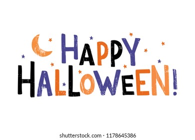 Happy Halloween - handdrawn typography lettering with star. Design for greeting card, party invitation, banner, postcard, poster, template. Vector illustration.