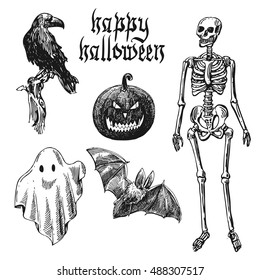 Happy Halloween. Hand-drawn vector illustration. Sketch style. Use for invitations, flyers, postcards, advertising