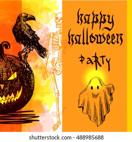 Happy Halloween. Hand-drawn vector illustration. Sketch style. Use for invitations, flayers, postcards, advertising
