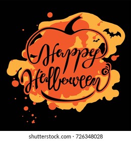 Happy Halloween hand-drawn vector lettering. Holiday calligraphy Happy Halloween with the bats and pumpkin. Web for banner, poster, greeting card, party invitation. Black background.