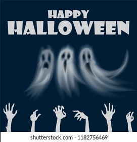 Happy Halloween hands and ghosts poster with text vector. Human zombies arms and apparitions with sad and evil face expression. Poltergeist and fear