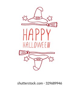 Happy halloween. Hand-sketched typographic element with witch hat and broom on white background. 