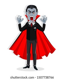 Happy Halloween. Handsome vampire cartoon character in cape makes scary face and gesture. Vector illustration on white background