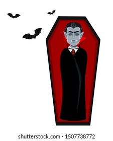 Happy Halloween. Handsome vampire cartoon character in cape sleeps in coffin. Vector illustration on white background