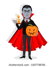Happy Halloween. Handsome vampire cartoon character in cape holds pumpkin and candlestick with burning candle. Vector illustration on white background