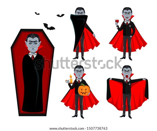 Happy\
Halloween. Handsome vampire cartoon character in cape, set of five\
poses. Vector illustration on white\
background