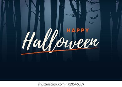 Happy Halloween handwriting text logo with night forest background. Editable vector design.