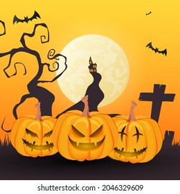 Happy Halloween handwritten calligraphy with Haunted Castle and Group of ghost pumpkins , full moon and bats in Halloween day , Flat Modern design , illustration Vector EPS 10