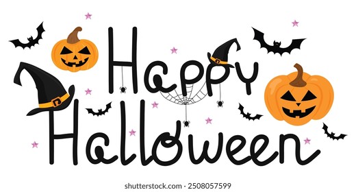 Happy Halloween handwritten calligraphy on white isolated background. Cute lettering with pumpkin, magic cap, spider web in vector halloween style. For kids halloween decor, cards, banners.