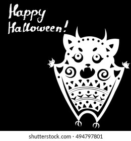 Happy Halloween, handwritten chalk lettering, frightening white  demon on blackboard