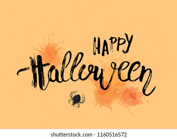 Happy Halloween handwritten drybrush lettering with watercolor splash blots. Inscription with decoration for poster, card flyer, and holiday design.  Vector illustration.