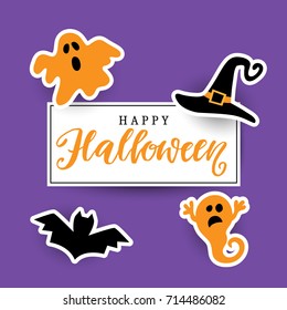 Happy Halloween Handwritten Lettering with Halloween Icons. Typography Template for Posters, Party Banners, Invitations, Stickers, Gift Cards. Vector illustration