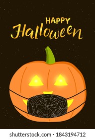 Happy Halloween handwritten Lettering. Luminous golden vector vintage calligraphic text with flares on a black background. Pumpkin wears a face mask with a cobweb design. For greeting card, invitation