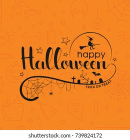 Happy Halloween handwritten lettering. Modern vector hand drawn calligraphy with spider web, stars, flying witch, bat and other elements over seamless halloween pattern for your design