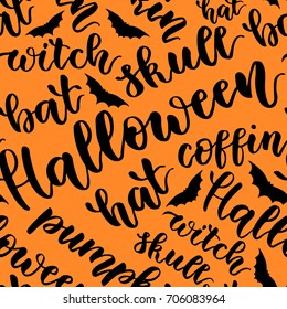 Happy Halloween. Handwritten lettering pattern for Halloween. The phrase in black on a white background. Use for postcard, card, page etc.