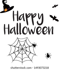 Happy Halloween handwritten lettering with wich hat, bat and spider with net. Banners party invitation. Black on white background, isolated