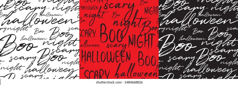 Happy Halloween. Handwritten lettering words seamless patterns set for Halloween. The phrase in black, red, white on background. Use for postcard, card, page etc.