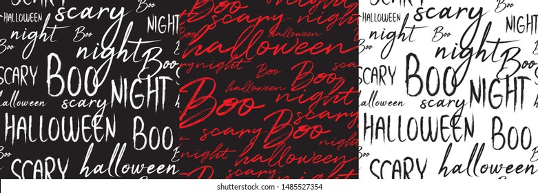 Happy Halloween. Handwritten lettering words seamless patterns set for Halloween. The phrase in black, red, white on background. Use for postcard, card, page etc.