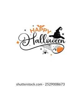 Happy Halloween handwritten in modern brush ink calligraphy on a white background for holiday banners, posters, greeting cards, or party invitations. Stylish and festive vector illustration.