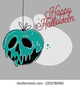 Feliz Halloween, citas escritas a mano, una manzana en forma de cráneo en una cuerda, estilo doodle dibujando en un fondo gris