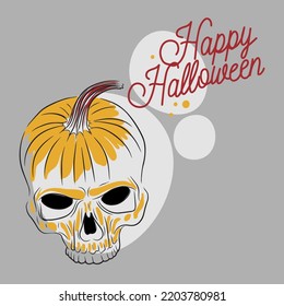Happy Halloween, handwritten quotes, pumpkin in the form of a skull, doodle style drawing on a gray background