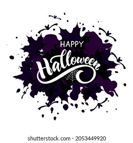 Happy Halloween handwritten text and bats. Hand lettering. Modern brush ink calligraphy on abstract background for holiday banner, poster, greeting card, party invitation. Vector illustration 