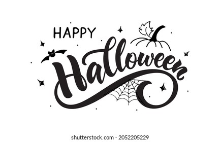 Happy Halloween handwritten text. Hand lettering. Modern brush ink calligraphy isolated on white background for holiday banner, poster, greeting card, party invitation. Vector illustration of pumpkin